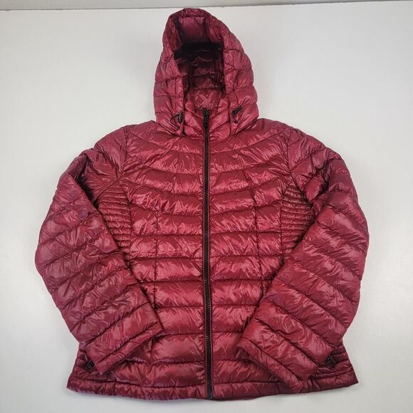 Calvin Klein Womens Puffer Jacket XL Burgundy Packable Premium Down Hooded - Picture 1 of 10